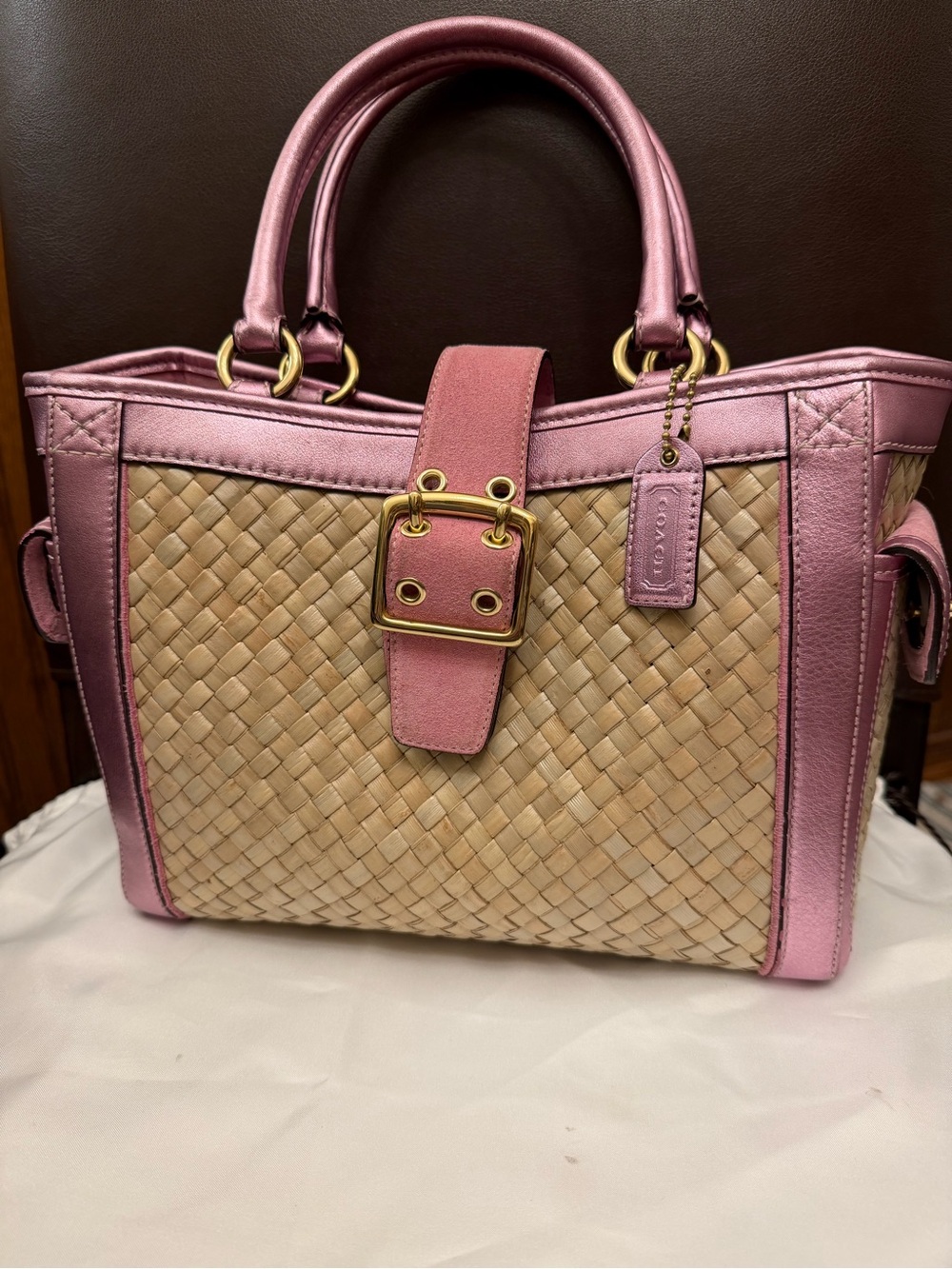 Vintage Coach Summer Satchel w/ Pink Metallic Leather, Suede & Gold Hardware